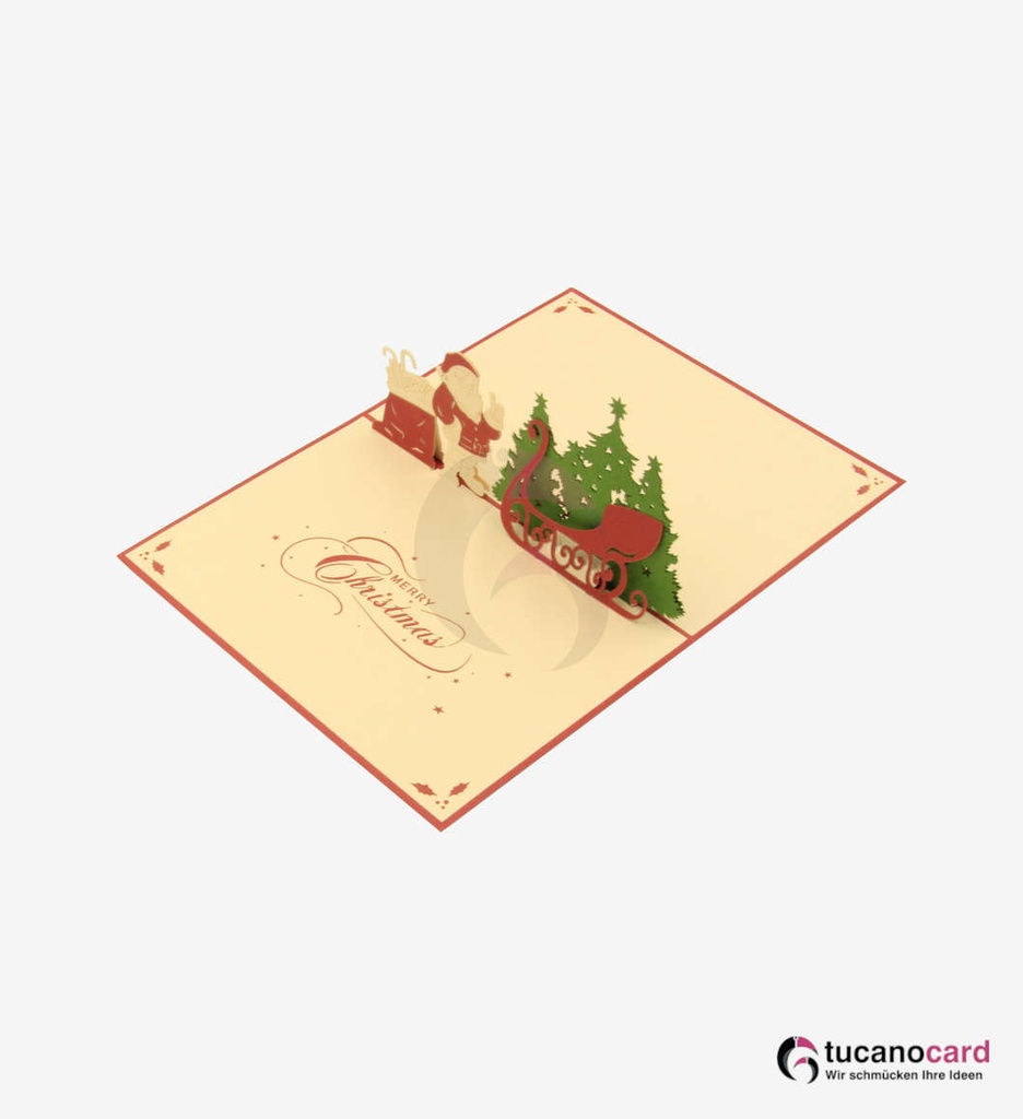 Weihnachtsmann mit Tannenbaum und Schlitten - Rot - 12 x 17 cm