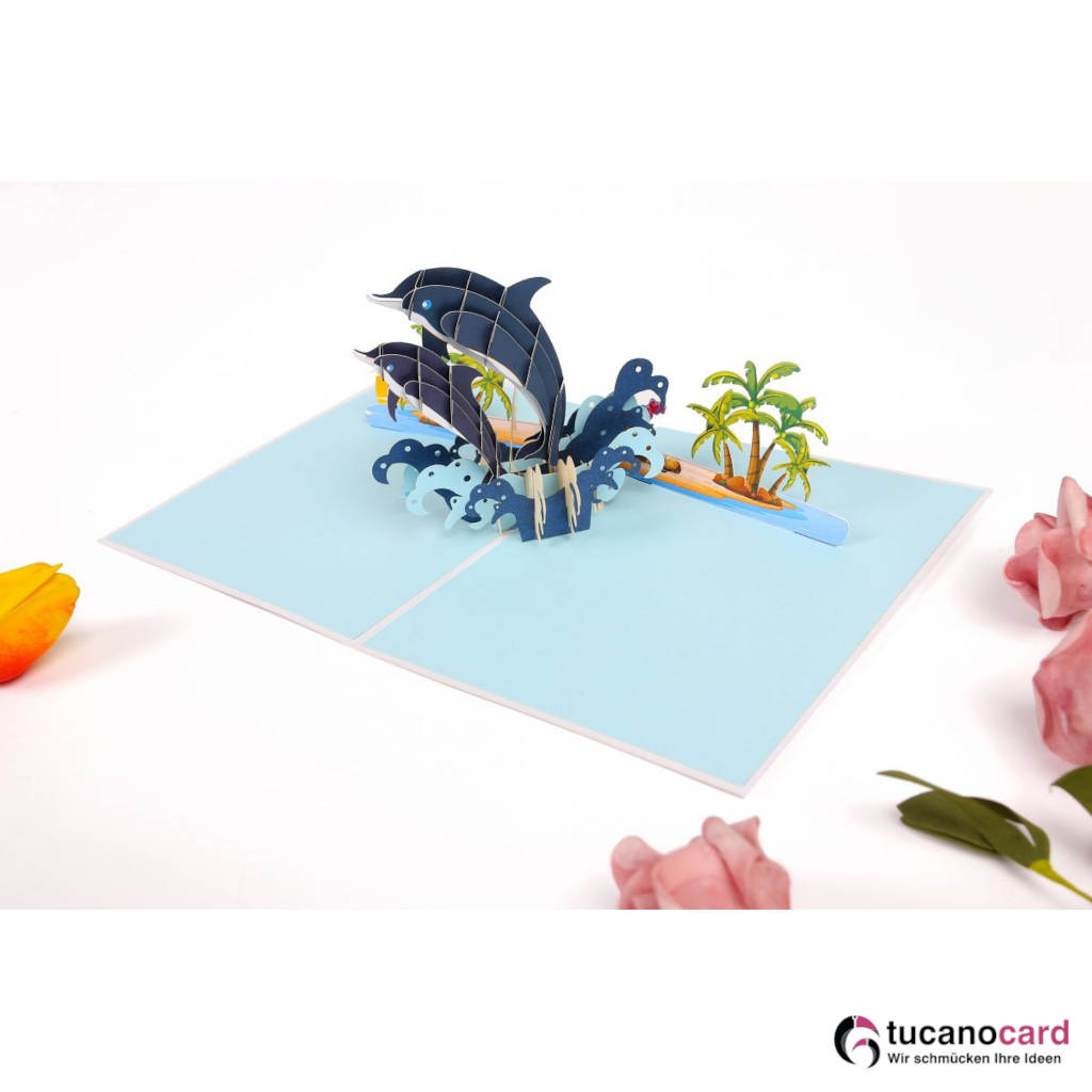 Delfinpaar mit Palmen am Strand - Kartenfarbe Weiß - 15 x 20 cm