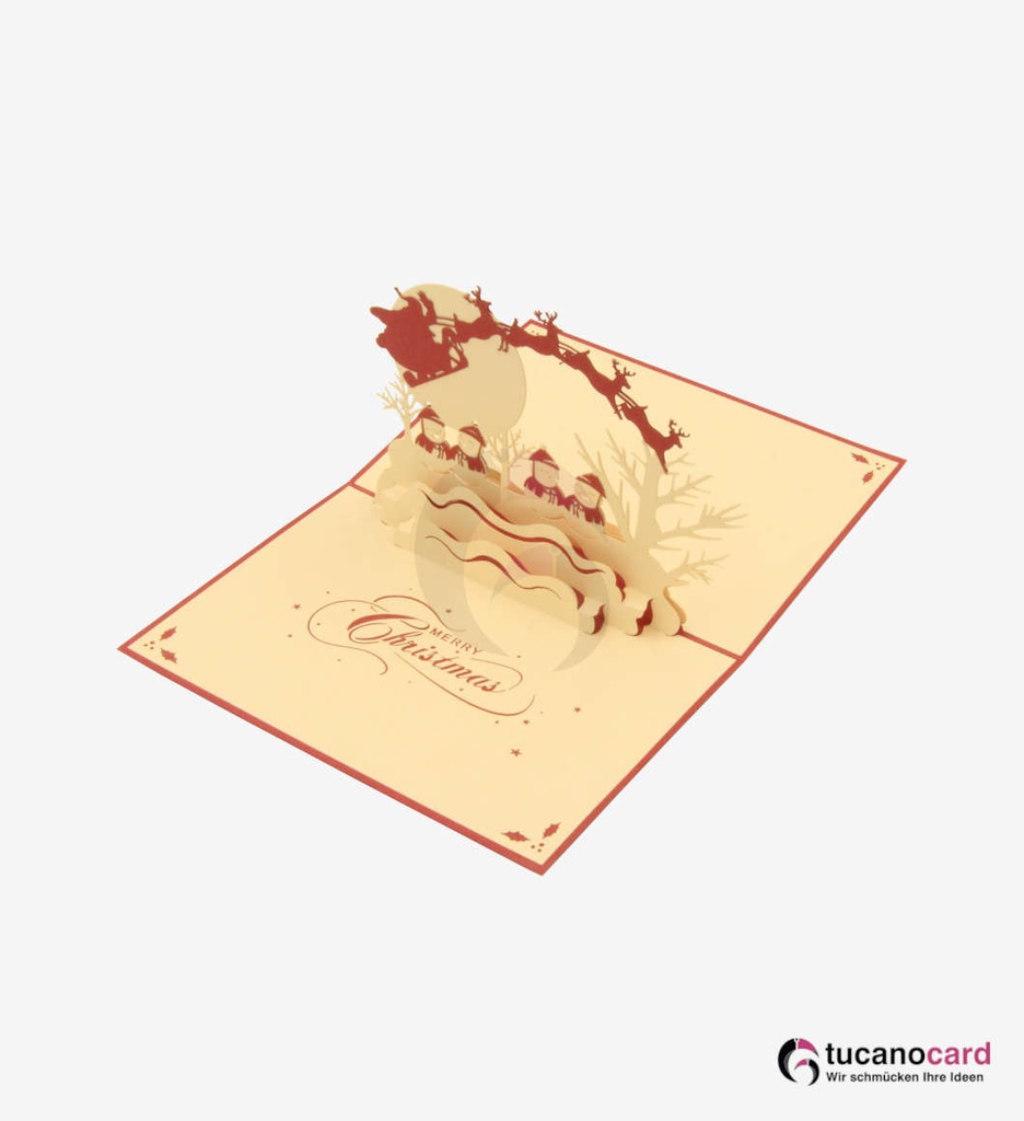 Weihnachtsmann mit Schlitten, Rehen und Schneemänner - Rot - 12 x 17 cm