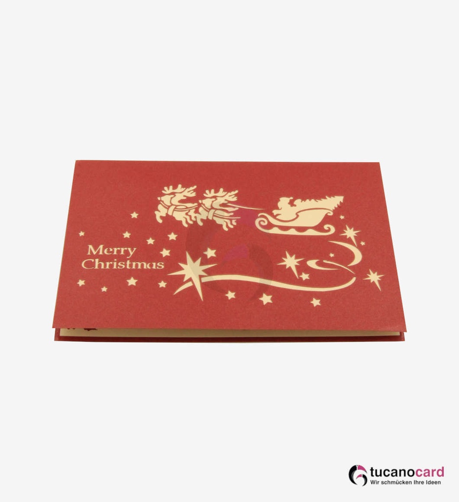 Weihnachtsmann mit Schlitten, Rehen und Schneemänner - Rot - 12 x 17 cm