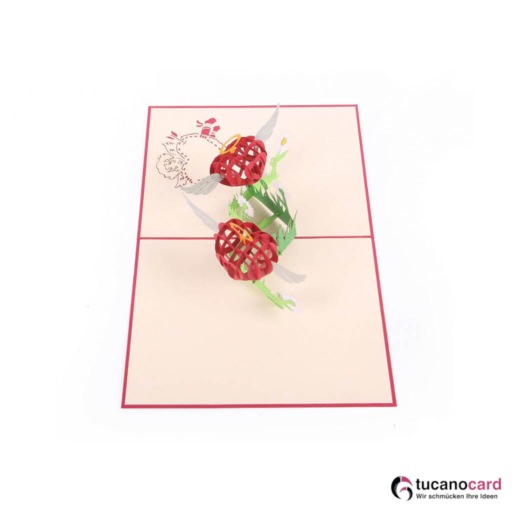 Zwei beflügelte Herzchen mit Blumen - Kartenfarbe Rot - 15 x 20 cm