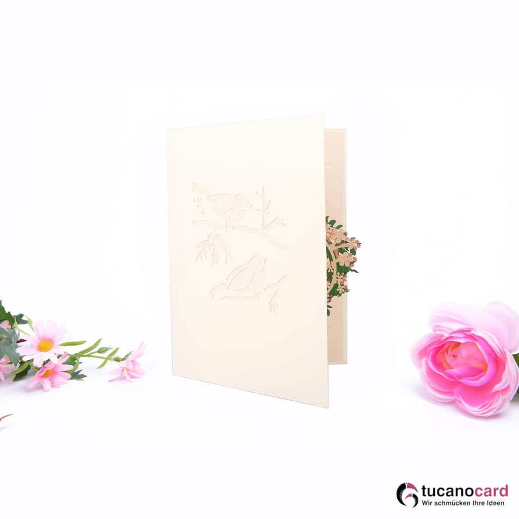 Vogelpärchen im Herzbaum - Kartenfarbe Beige - 15 x 20 cm