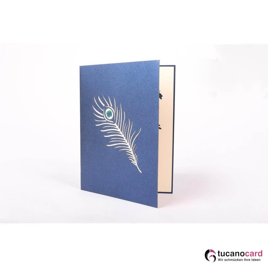 Bunter Pfau - Kartenfarbe Blau - 15 x 20 cm