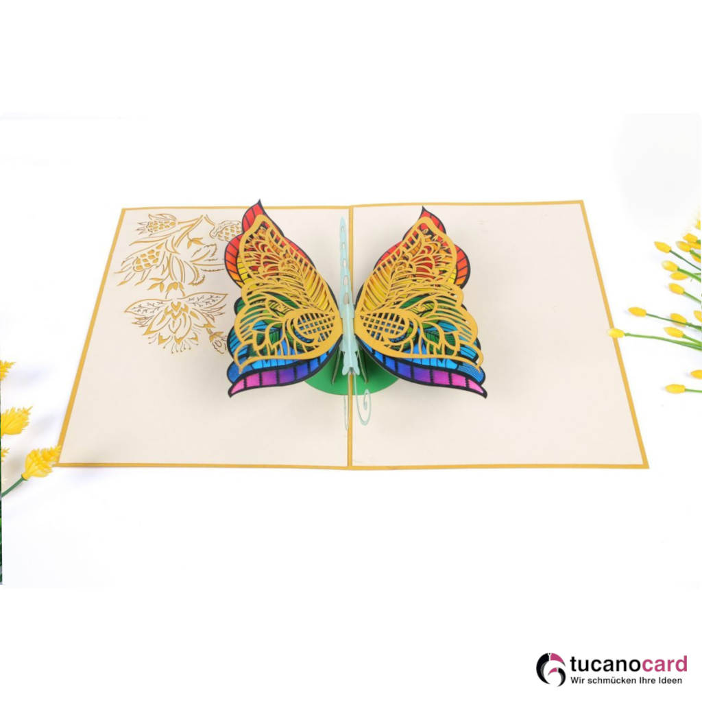 Bunter Schmetterling - Kartenfarbe Gold - 15 x 20 cm
