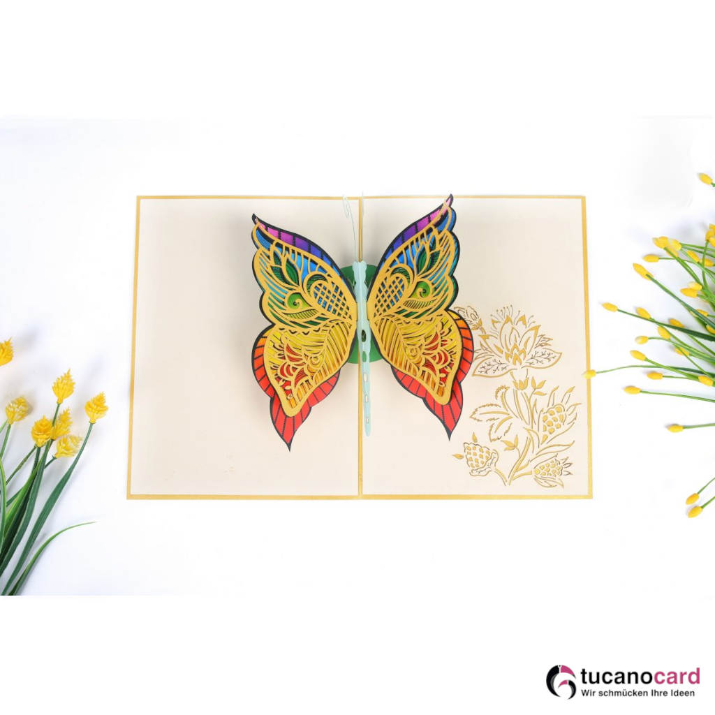 Bunter Schmetterling - Kartenfarbe Gold - 15 x 20 cm