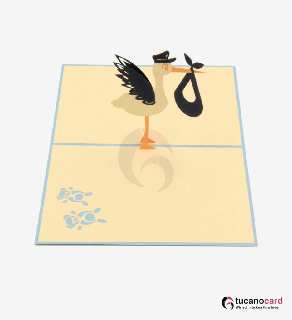 Storch bringt Baby - Kartenfarbe Blau - 12 x 17 cm