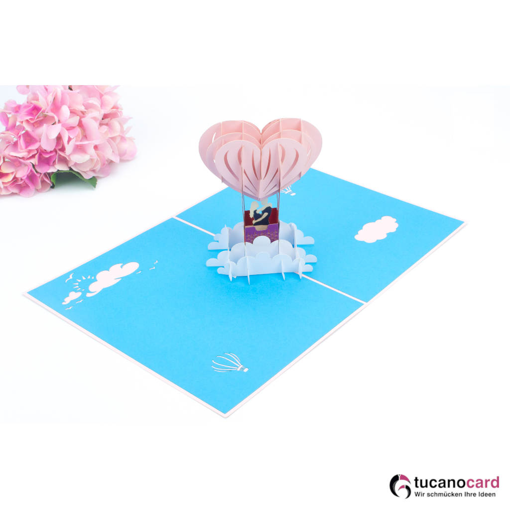 Paar im Heißluftballon - Kartenfarbe Rosa  - 15 x 20 cm