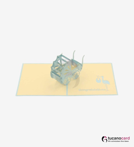 [1100038] Baby Junge liegend im Kinderwagen - Kartenfarbe Blau - 12 x 12 cm