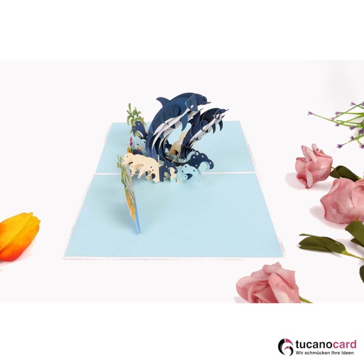 [1100016] Delfinpaar mit Palmen am Strand - Kartenfarbe Weiß - 15 x 20 cm