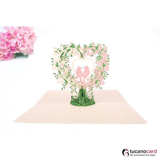 [1100030] Vogelpärchen im Herzbaum - Kartenfarbe Beige - 15 x 20 cm