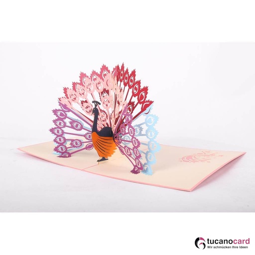[1100049] Bunter Pfau - Kartenfarbe Rosa - 15 x 20 cm
