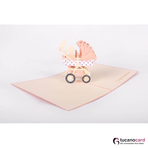 [1100033] Baby Mädchen sitzend im Kinderwagen - Kartenfarbe Rosa - 15 x 20 cm