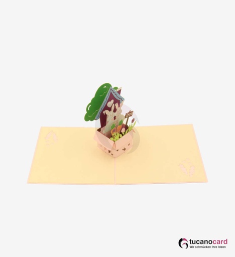 [1100008] Häschen mit Haus und Garten - Kartenfarbe Rosa - 15 x 15 cm